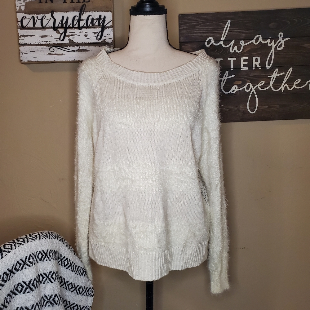XOXO Size Large Fuzzy White Lace Sweater.